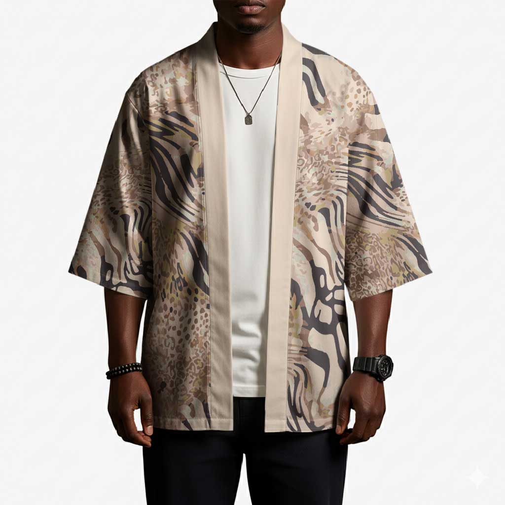 African Zebra Leopard Pattern Kimono Sand Taupe Beige