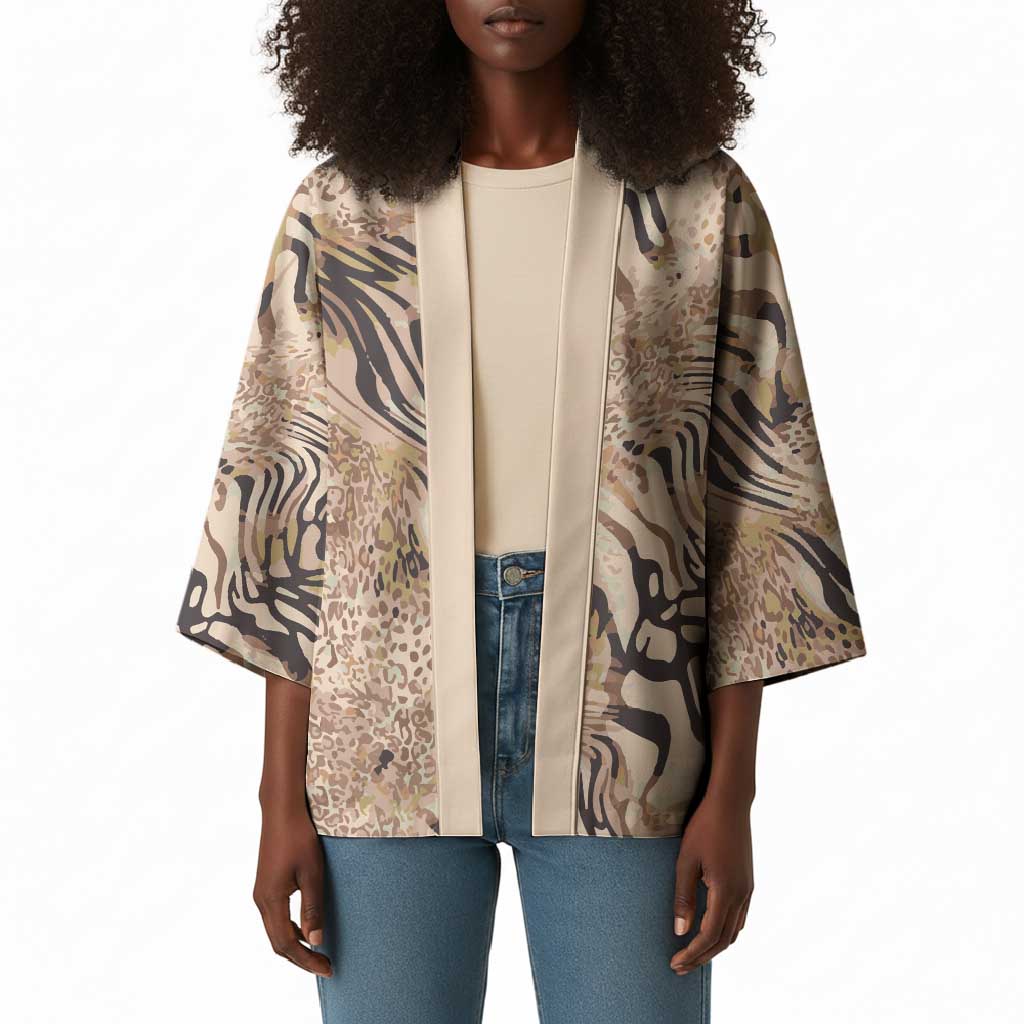 African Zebra Leopard Pattern Kimono Sand Taupe Beige