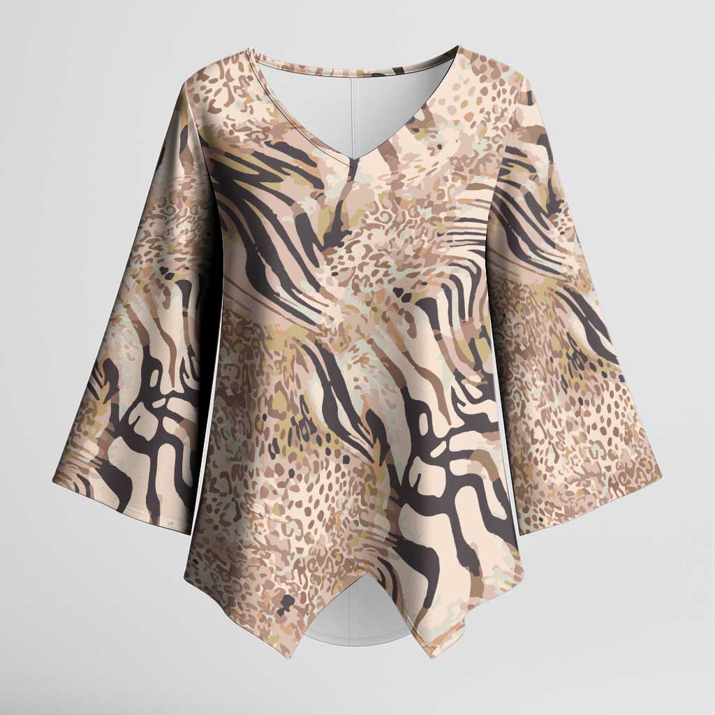 African Zebra Leopard Pattern Kimono Sleeve Blouse Sand Taupe Beige