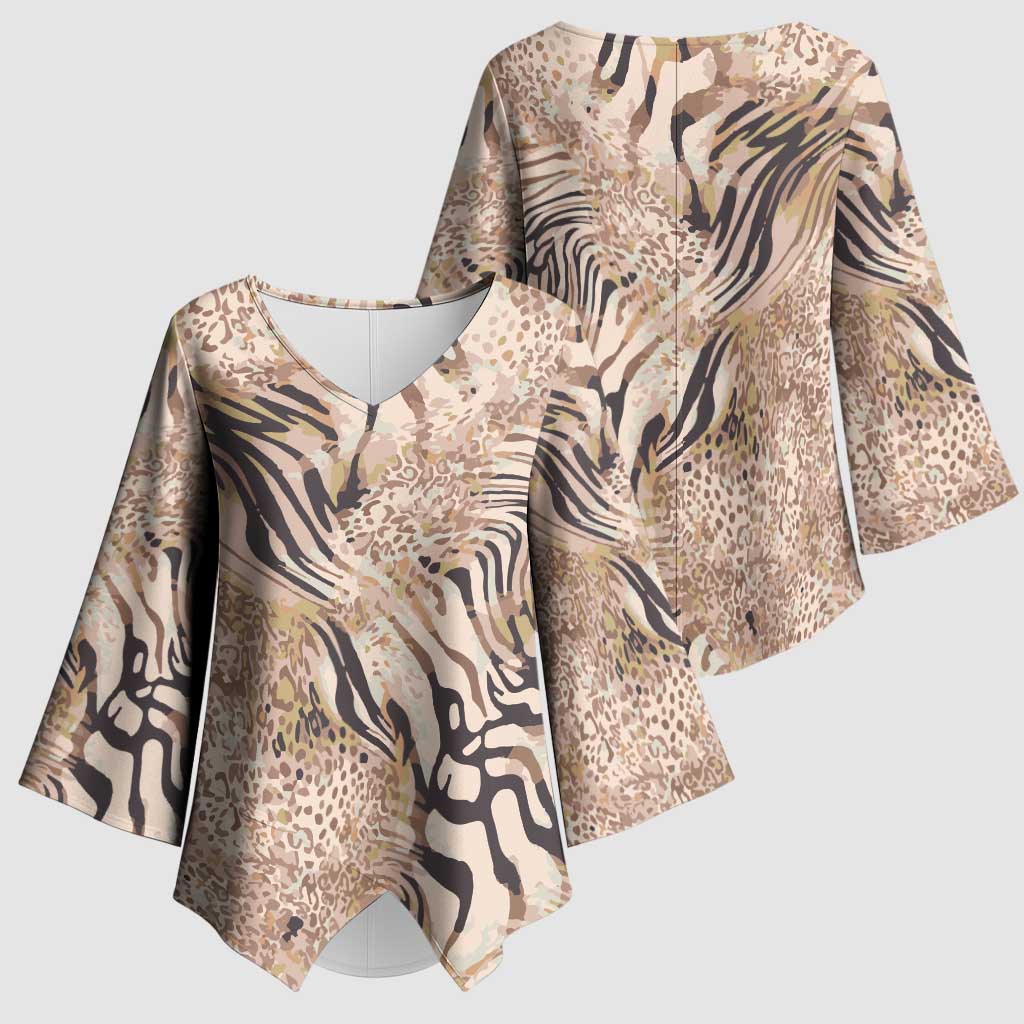 African Zebra Leopard Pattern Kimono Sleeve Blouse Sand Taupe Beige