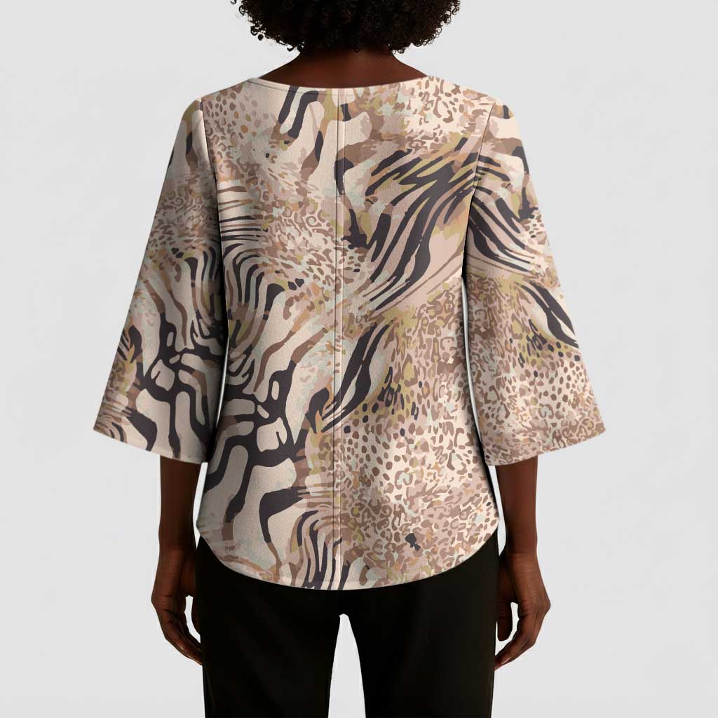 African Zebra Leopard Pattern Kimono Sleeve Blouse Sand Taupe Beige