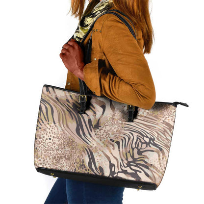 African Zebra Leopard Pattern Leather Tote Bag Sand Taupe Beige