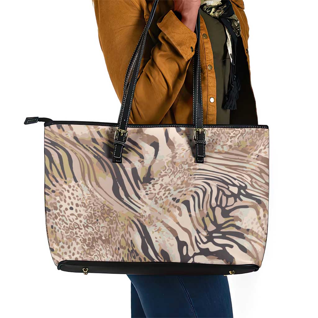 African Zebra Leopard Pattern Leather Tote Bag Sand Taupe Beige