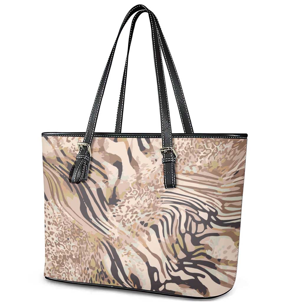 African Zebra Leopard Pattern Leather Tote Bag Sand Taupe Beige