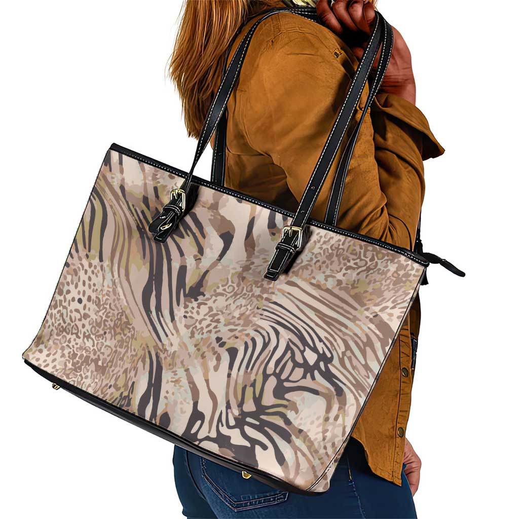 African Zebra Leopard Pattern Leather Tote Bag Sand Taupe Beige