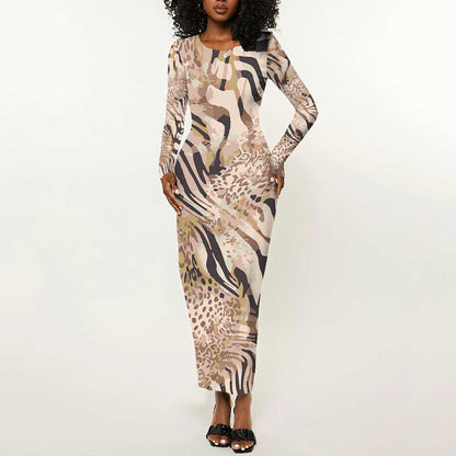 African Zebra Leopard Pattern Long Sleeve Bodycon Dress Sand Taupe Beige