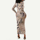 African Zebra Leopard Pattern Long Sleeve Bodycon Dress Sand Taupe Beige