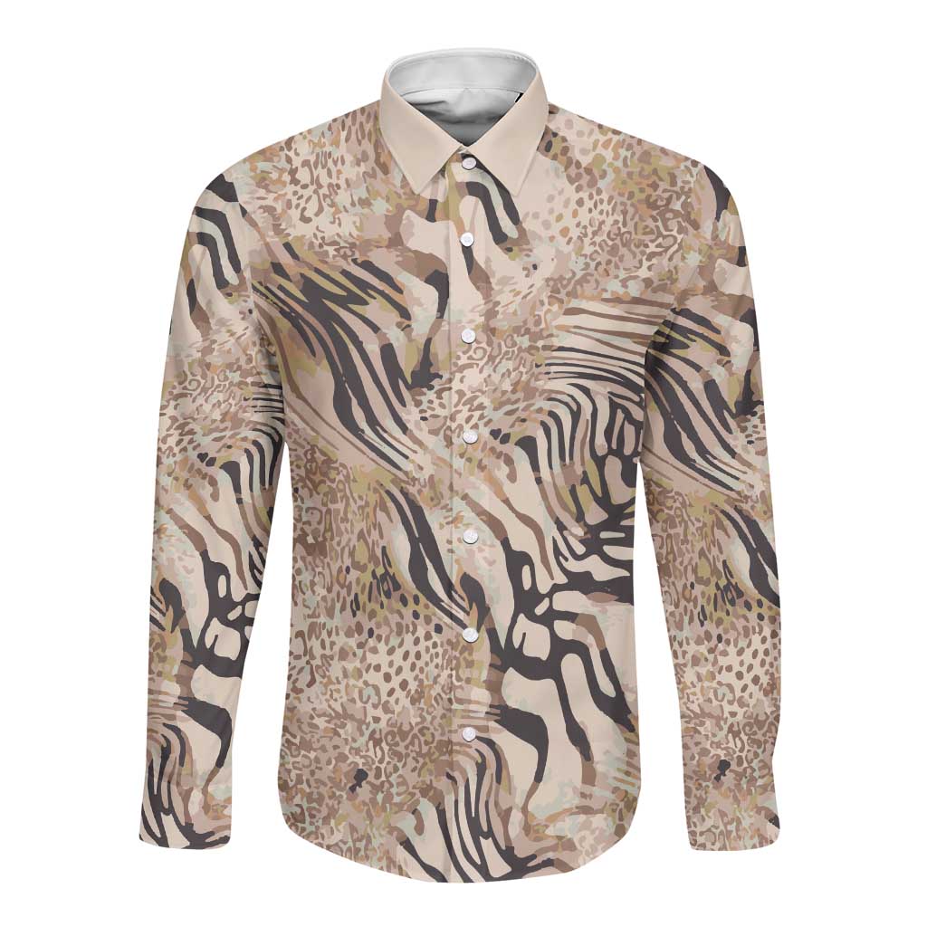 African Zebra Leopard Pattern Long Sleeve Button Shirt Sand Taupe Beige
