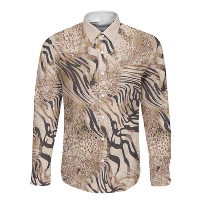 African Zebra Leopard Pattern Long Sleeve Button Shirt Sand Taupe Beige