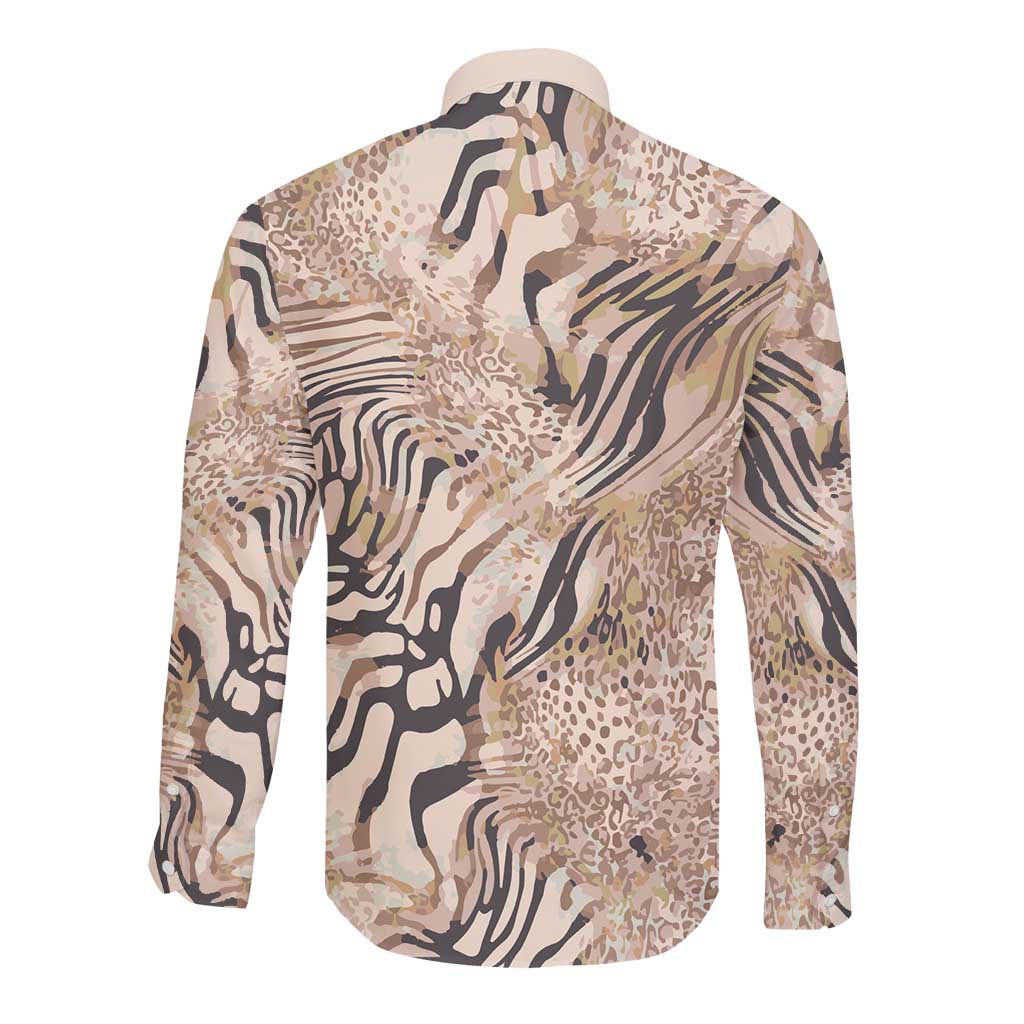 African Zebra Leopard Pattern Long Sleeve Button Shirt Sand Taupe Beige