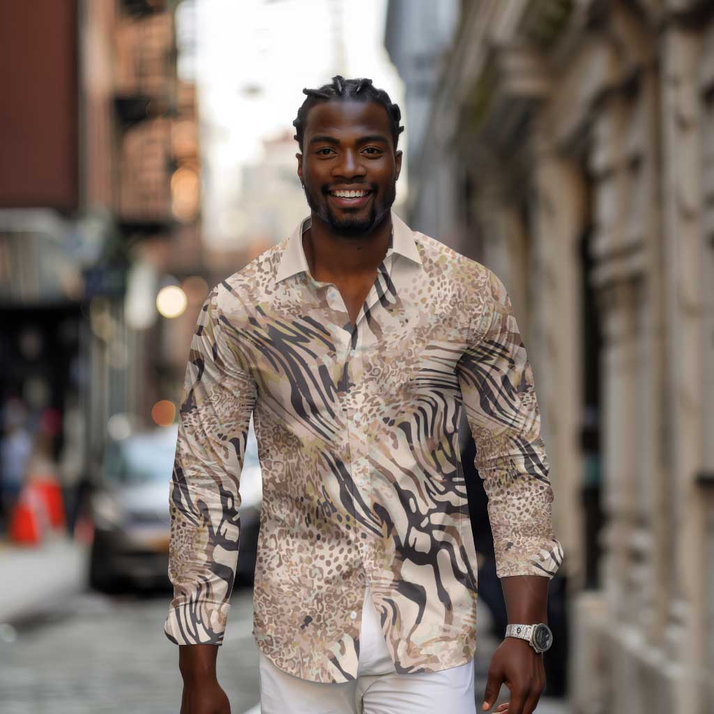 African Zebra Leopard Pattern Long Sleeve Button Shirt Sand Taupe Beige