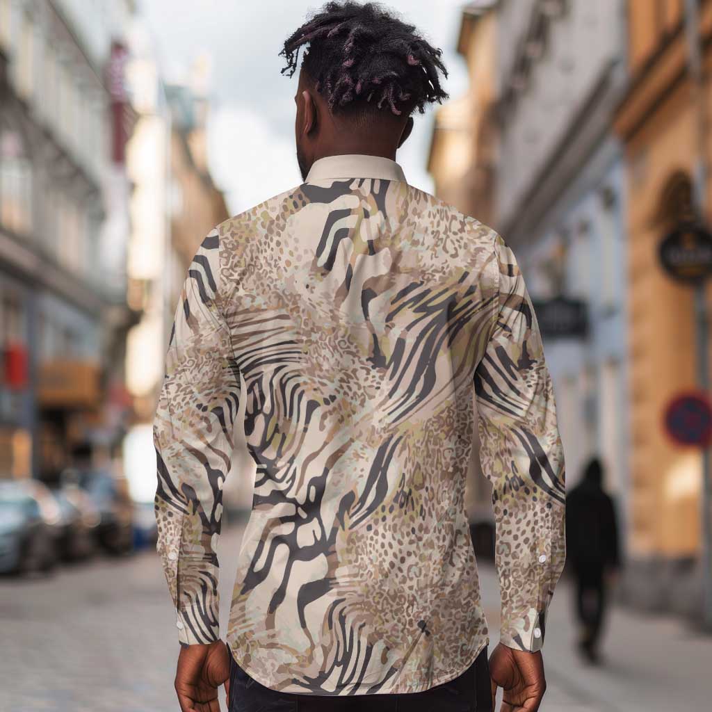 African Zebra Leopard Pattern Long Sleeve Button Shirt Sand Taupe Beige