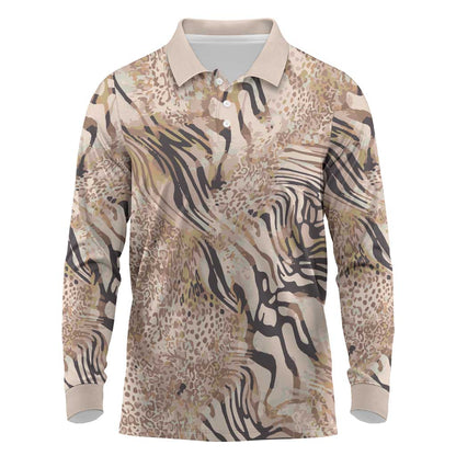 African Zebra Leopard Pattern Long Sleeve Polo Shirt Sand Taupe Beige
