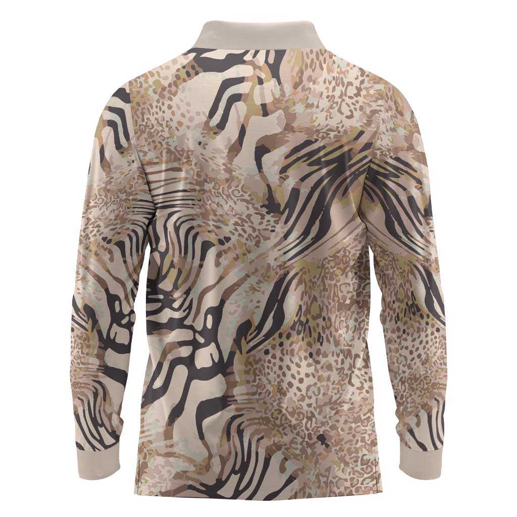 African Zebra Leopard Pattern Long Sleeve Polo Shirt Sand Taupe Beige