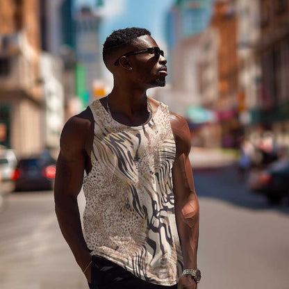 African Zebra Leopard Pattern Men Tank Top Sand Taupe Beige