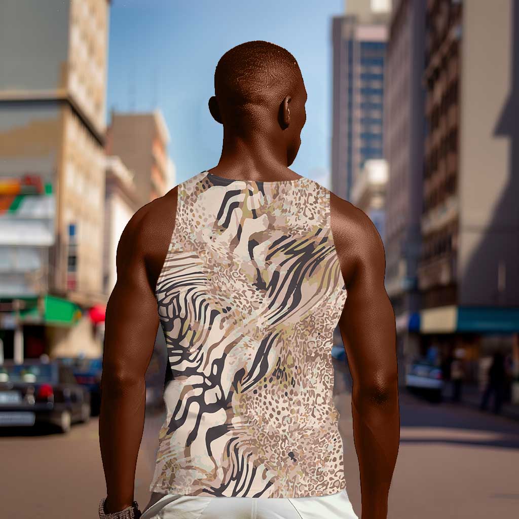 African Zebra Leopard Pattern Men Tank Top Sand Taupe Beige