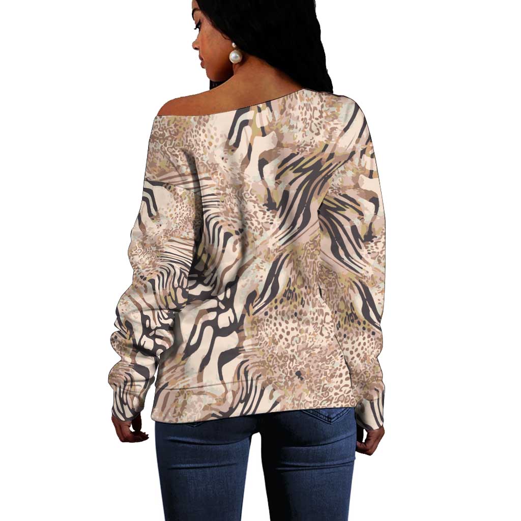 African Zebra Leopard Pattern Off Shoulder Sweater Sand Taupe Beige