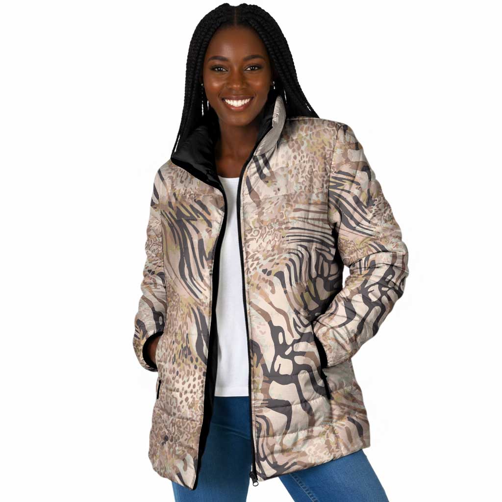 African Zebra Leopard Pattern Padded Jacket Sand Taupe Beige