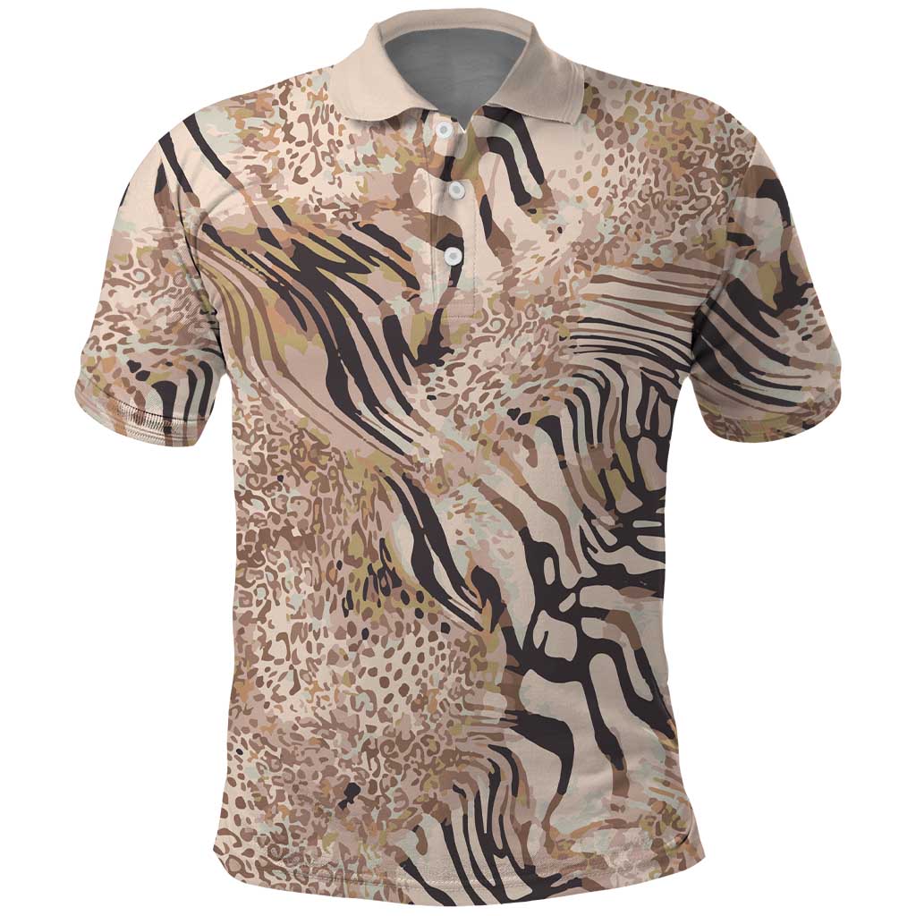 African Zebra Leopard Pattern Polo Shirt Sand Taupe Beige