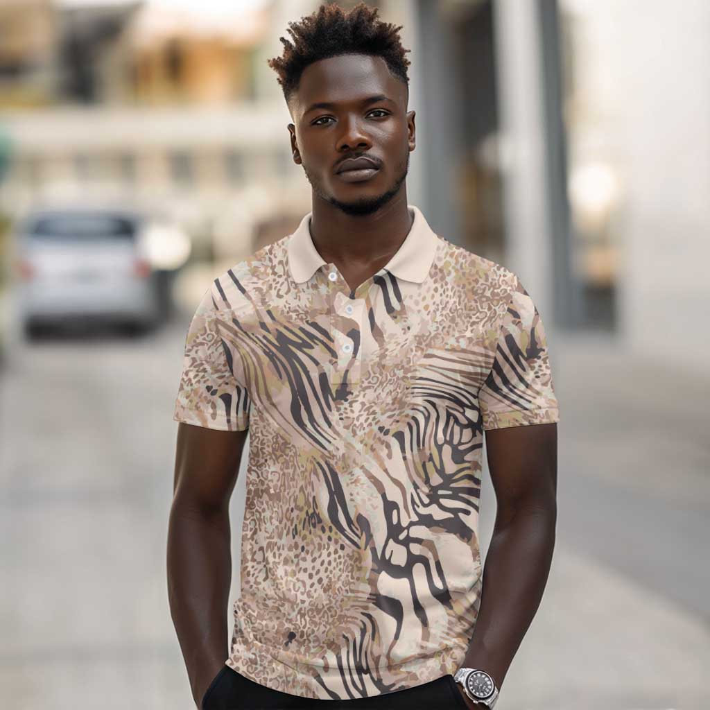 African Zebra Leopard Pattern Polo Shirt Sand Taupe Beige