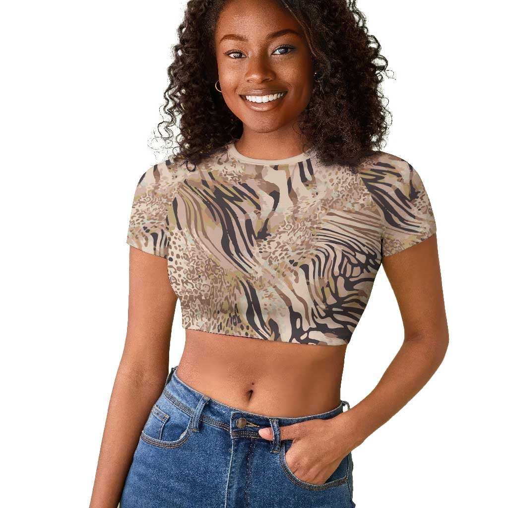 African Zebra Leopard Pattern Raglan Cropped T shirt Sand Taupe Beige