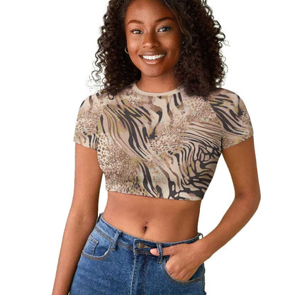 African Zebra Leopard Pattern Raglan Cropped T shirt Sand Taupe Beige