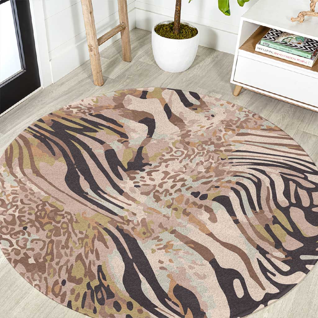 African Zebra Leopard Pattern Round Carpet Sand Taupe Beige