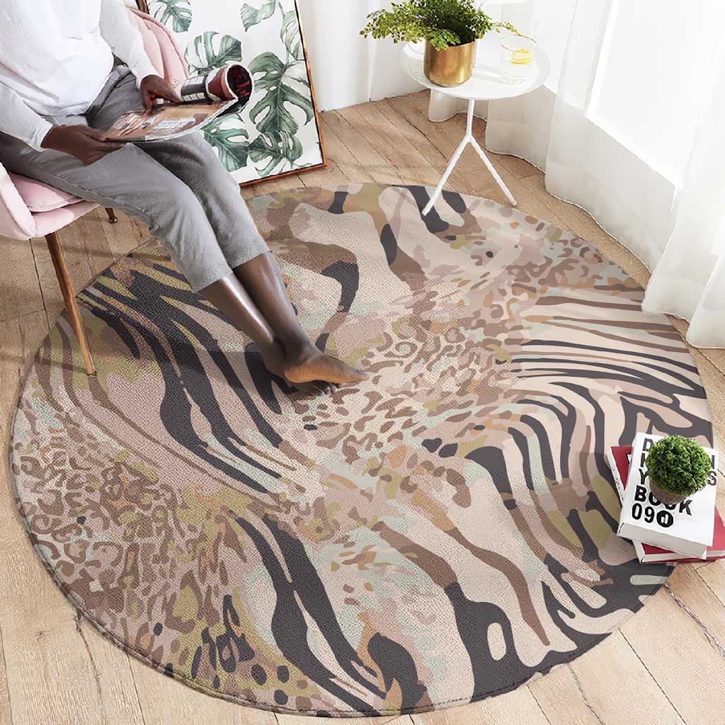 African Zebra Leopard Pattern Round Carpet Sand Taupe Beige