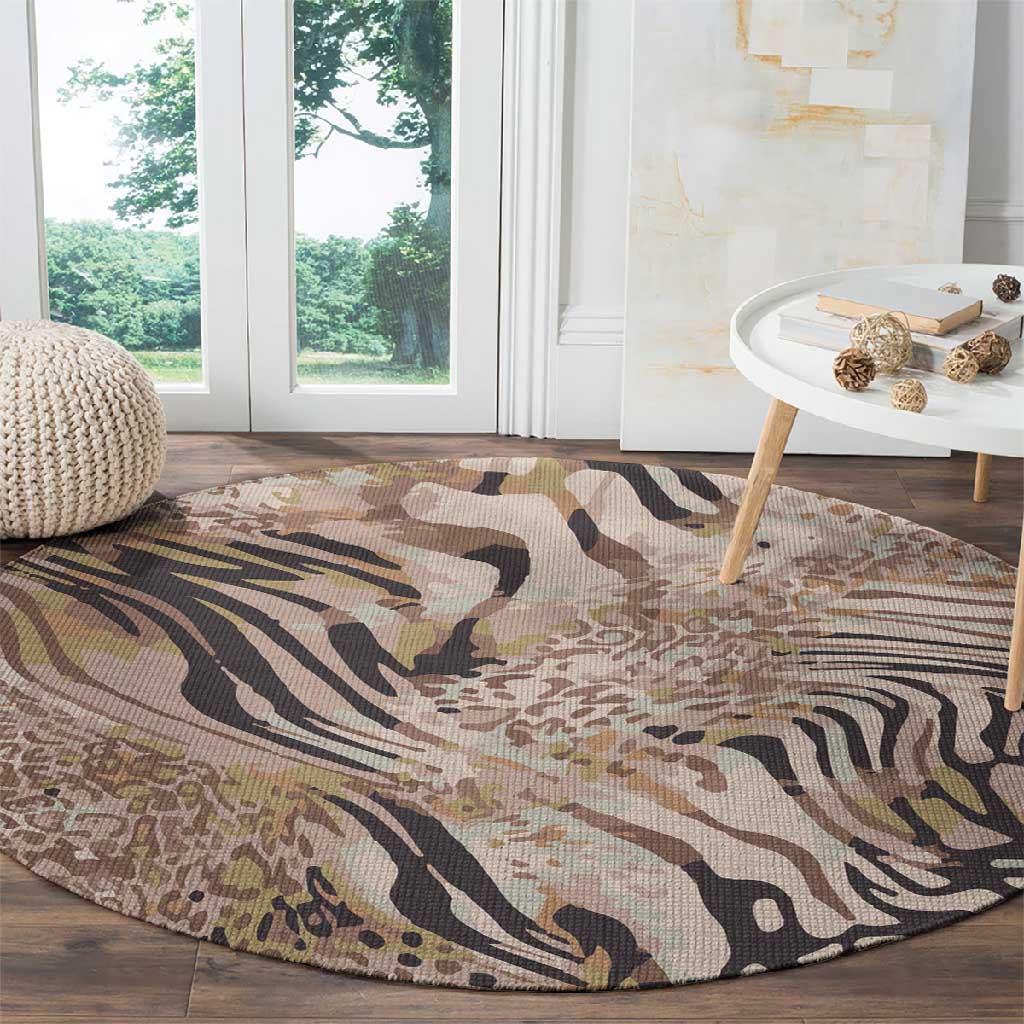 African Zebra Leopard Pattern Round Carpet Sand Taupe Beige