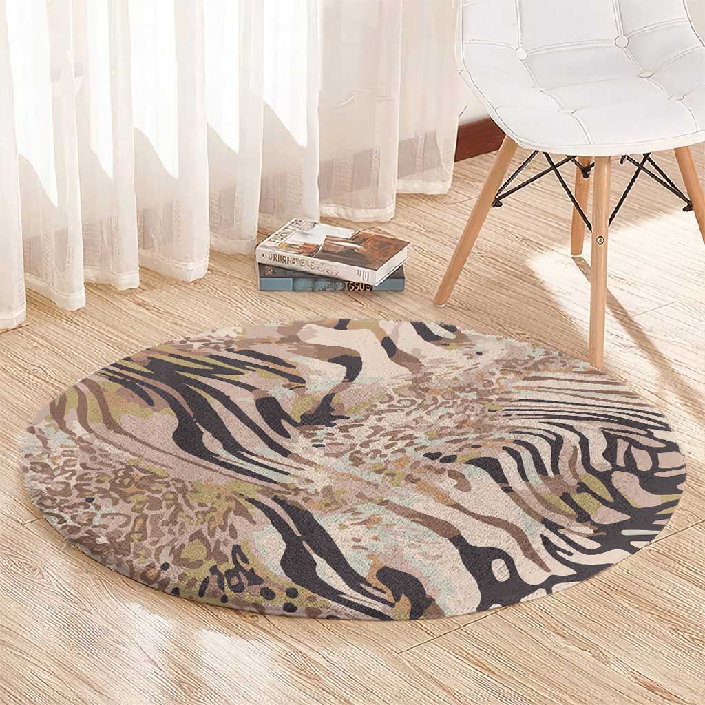 African Zebra Leopard Pattern Round Carpet Sand Taupe Beige