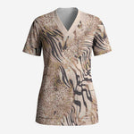 African Zebra Leopard Pattern Scrub Top Sand Taupe Beige