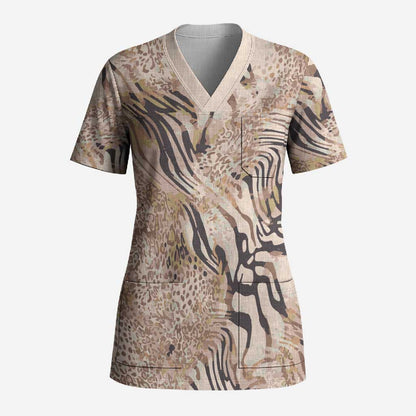 African Zebra Leopard Pattern Scrub Top Sand Taupe Beige