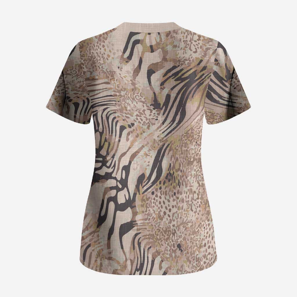 African Zebra Leopard Pattern Scrub Top Sand Taupe Beige