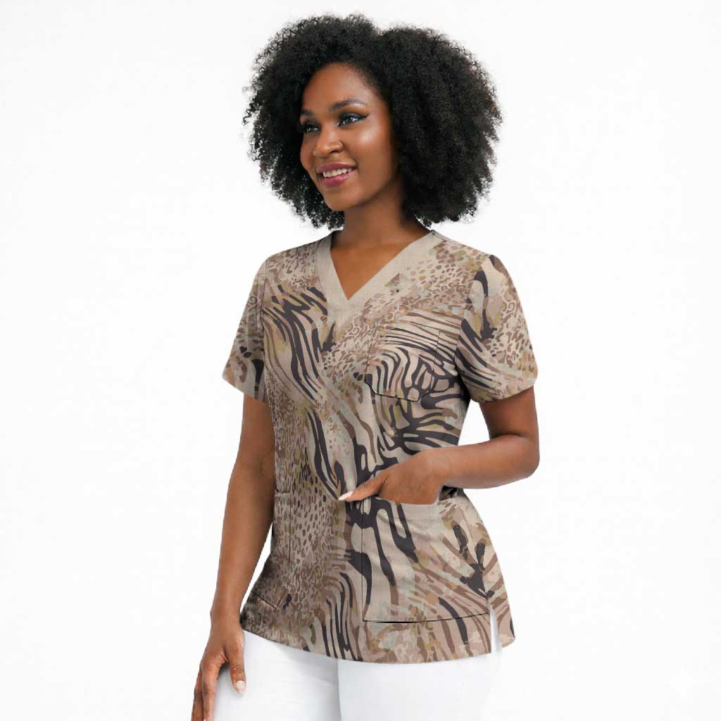 African Zebra Leopard Pattern Scrub Top Sand Taupe Beige