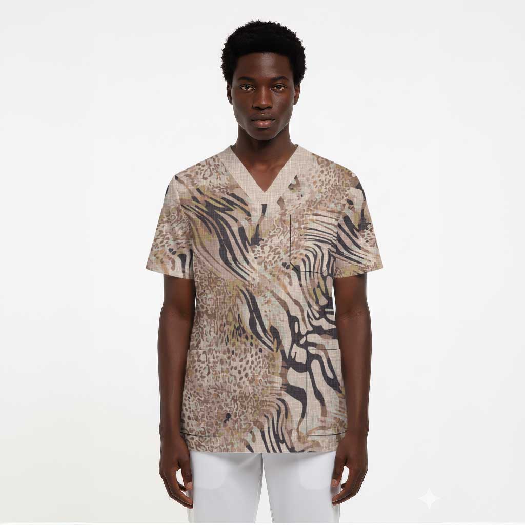 African Zebra Leopard Pattern Scrub Top Sand Taupe Beige