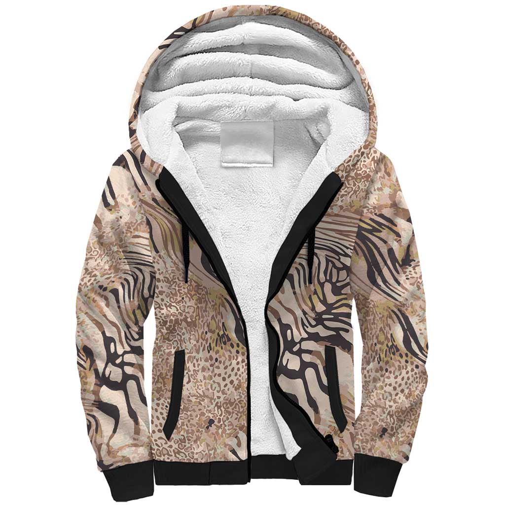 African Zebra Leopard Pattern Sherpa Hoodie Sand Taupe Beige