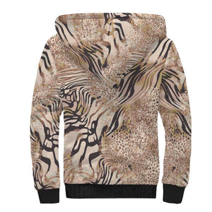 African Zebra Leopard Pattern Sherpa Hoodie Sand Taupe Beige