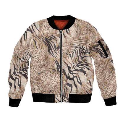 African Zebra Leopard Pattern Sleeve Zip Bomber Jacket Sand Taupe Beige