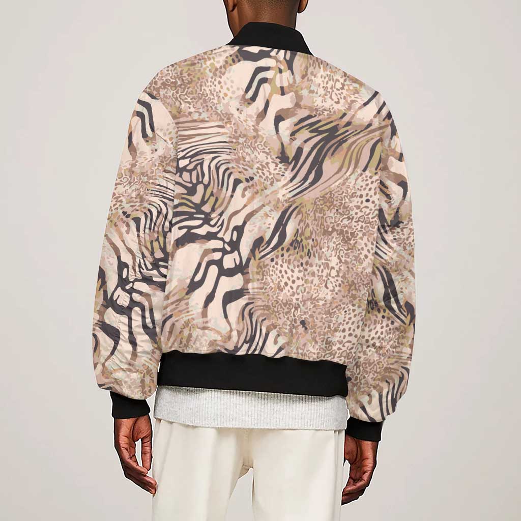 African Zebra Leopard Pattern Sleeve Zip Bomber Jacket Sand Taupe Beige