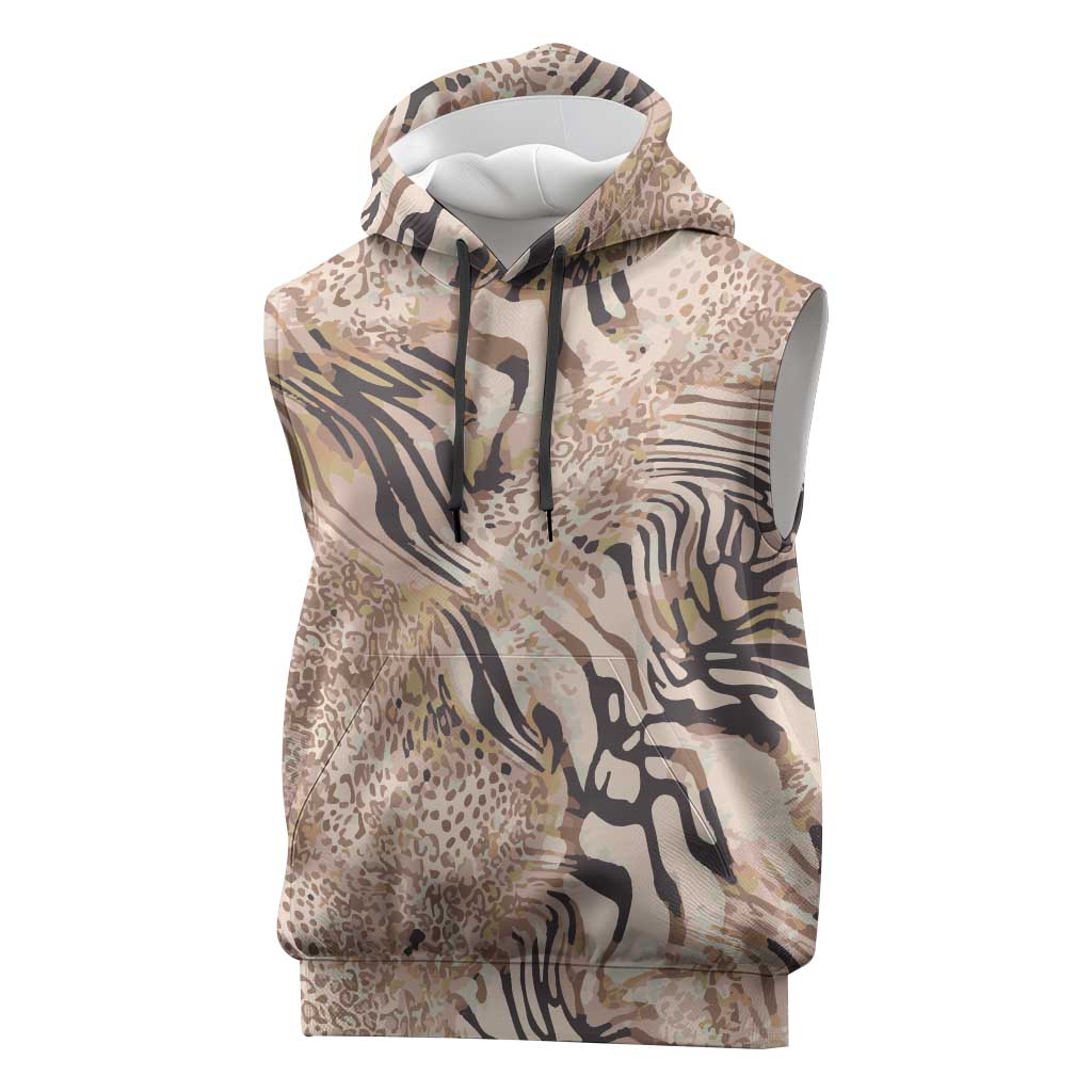 African Zebra Leopard Pattern Sleeveless Hoodie Sand Taupe Beige