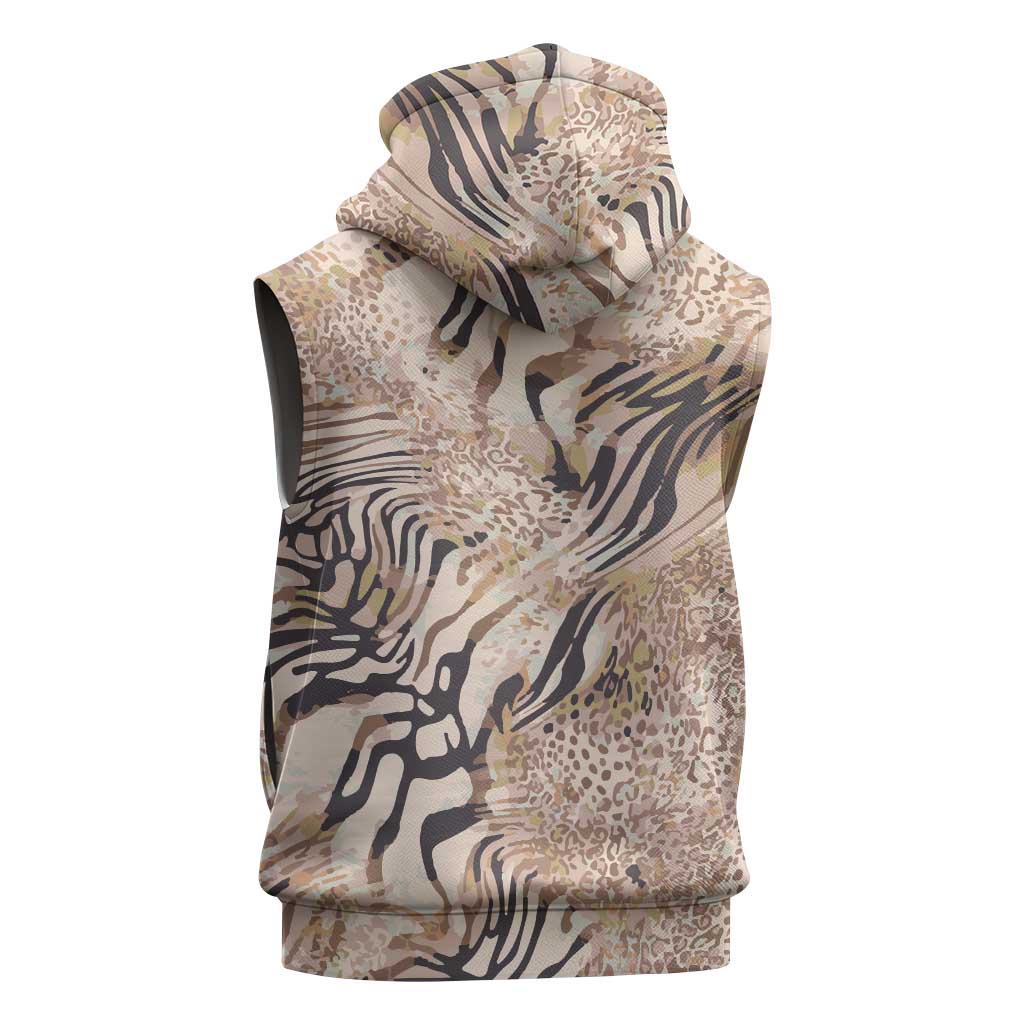 African Zebra Leopard Pattern Sleeveless Hoodie Sand Taupe Beige