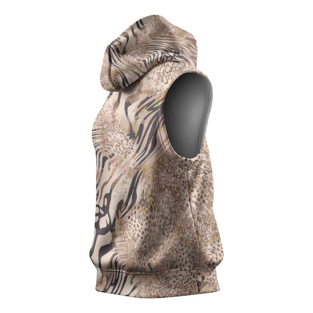 African Zebra Leopard Pattern Sleeveless Hoodie Sand Taupe Beige