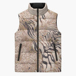 African Zebra Leopard Pattern Sleeveless Puffer Jacket Sand Taupe Beige