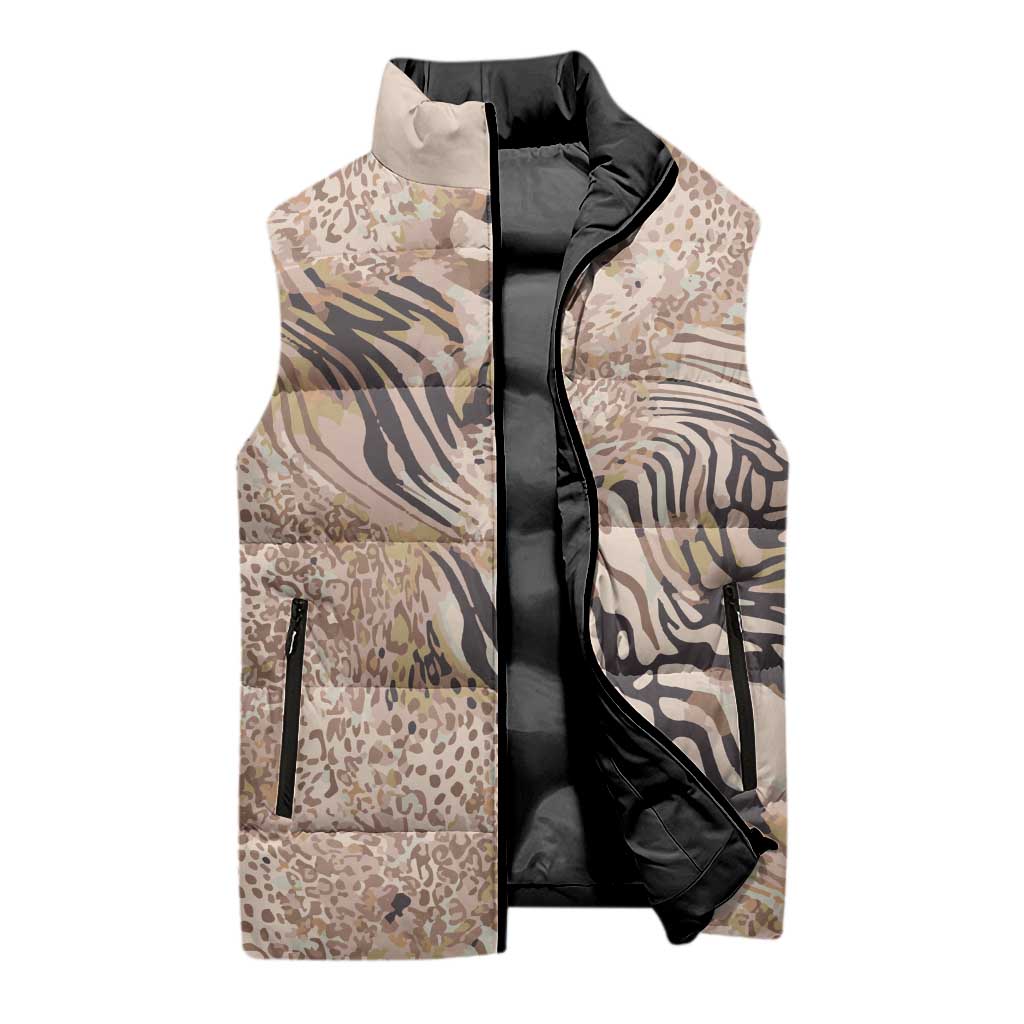 African Zebra Leopard Pattern Sleeveless Puffer Jacket Sand Taupe Beige