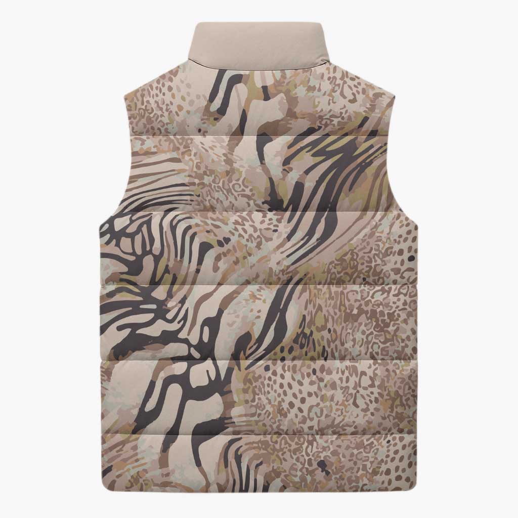 African Zebra Leopard Pattern Sleeveless Puffer Jacket Sand Taupe Beige