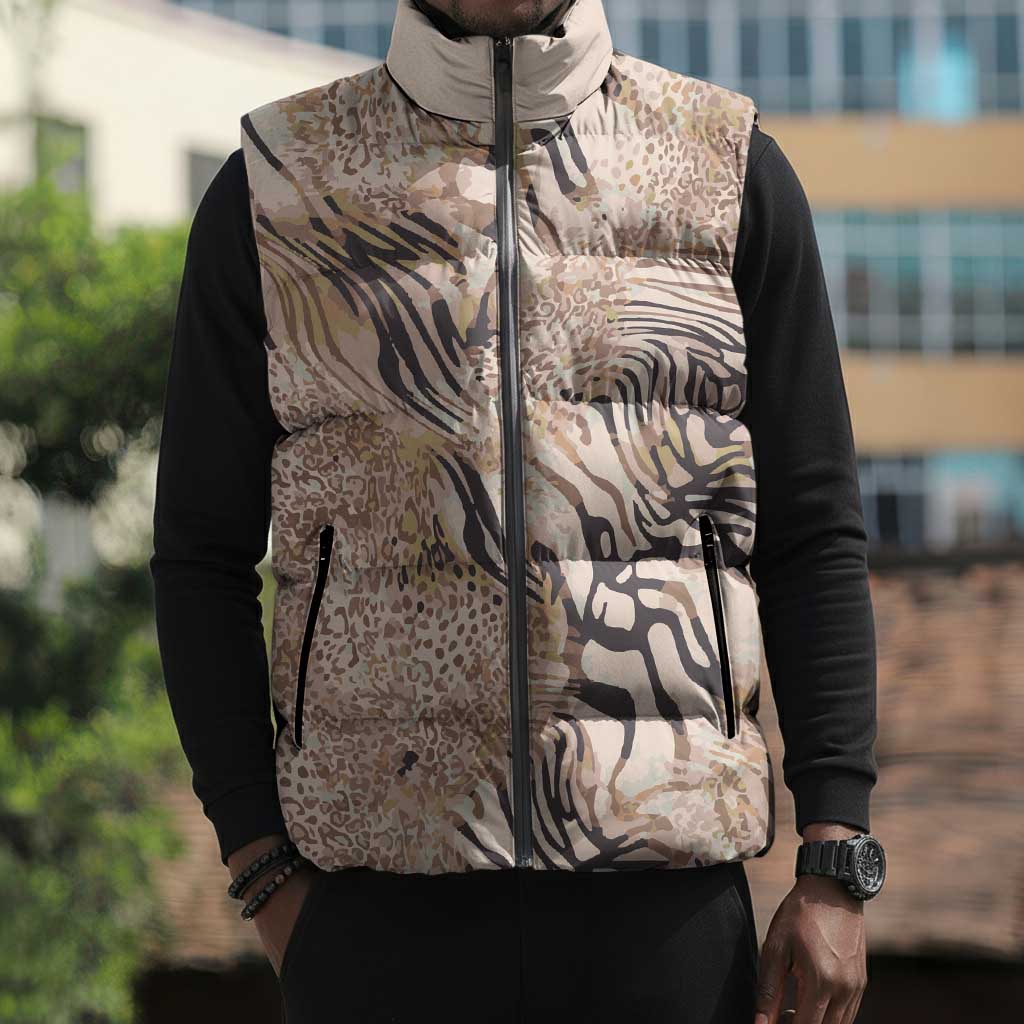 African Zebra Leopard Pattern Sleeveless Puffer Jacket Sand Taupe Beige