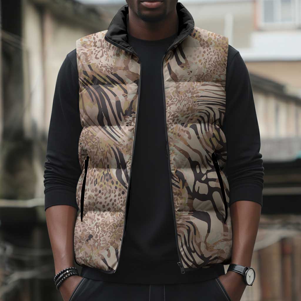 African Zebra Leopard Pattern Sleeveless Puffer Jacket Sand Taupe Beige