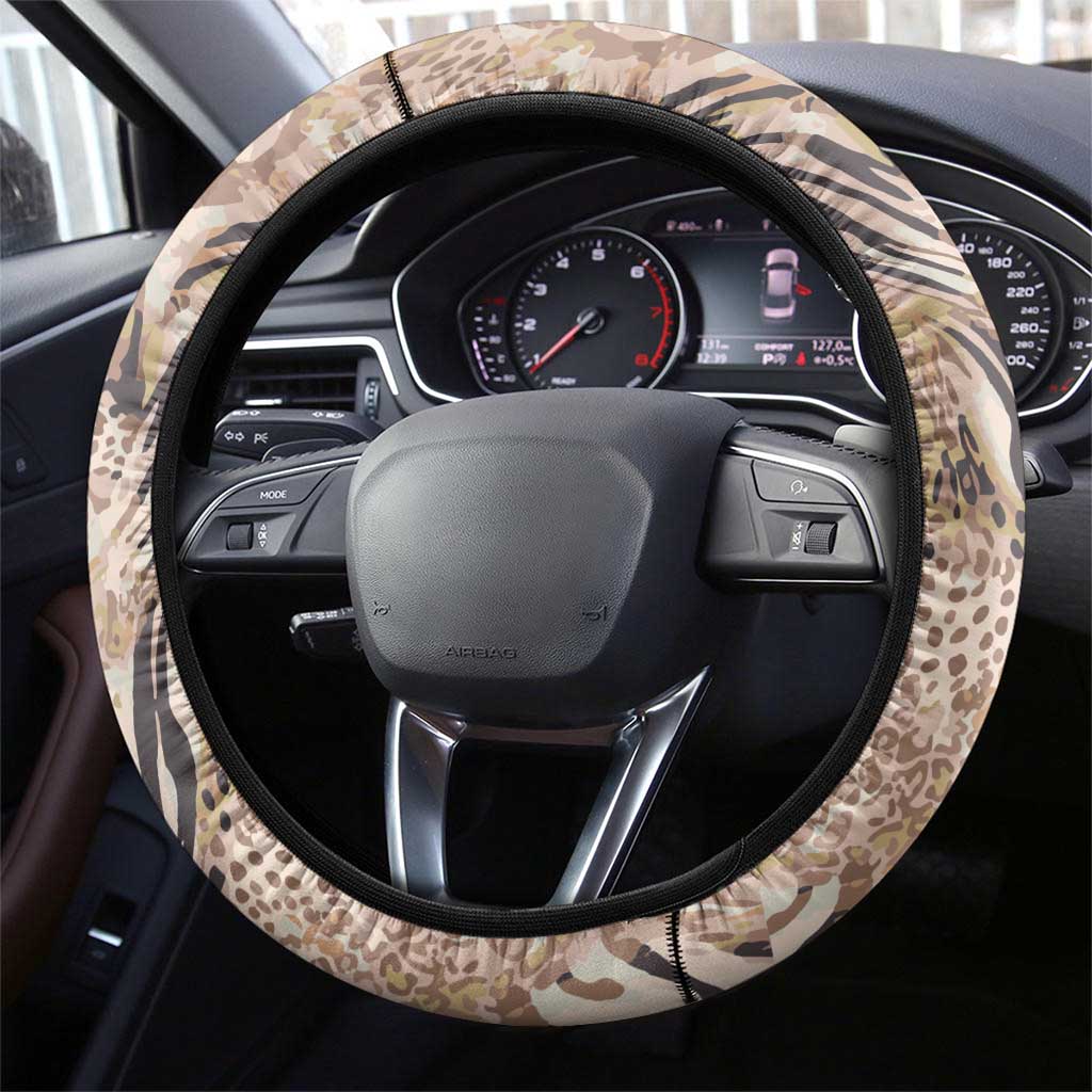 African Zebra Leopard Pattern Steering Wheel Cover Sand Taupe Beige