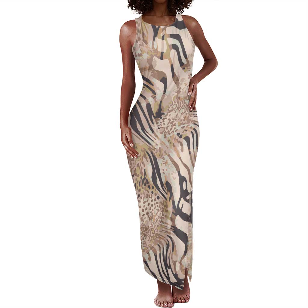 African Zebra Leopard Pattern Tank Maxi Dress Sand Taupe Beige