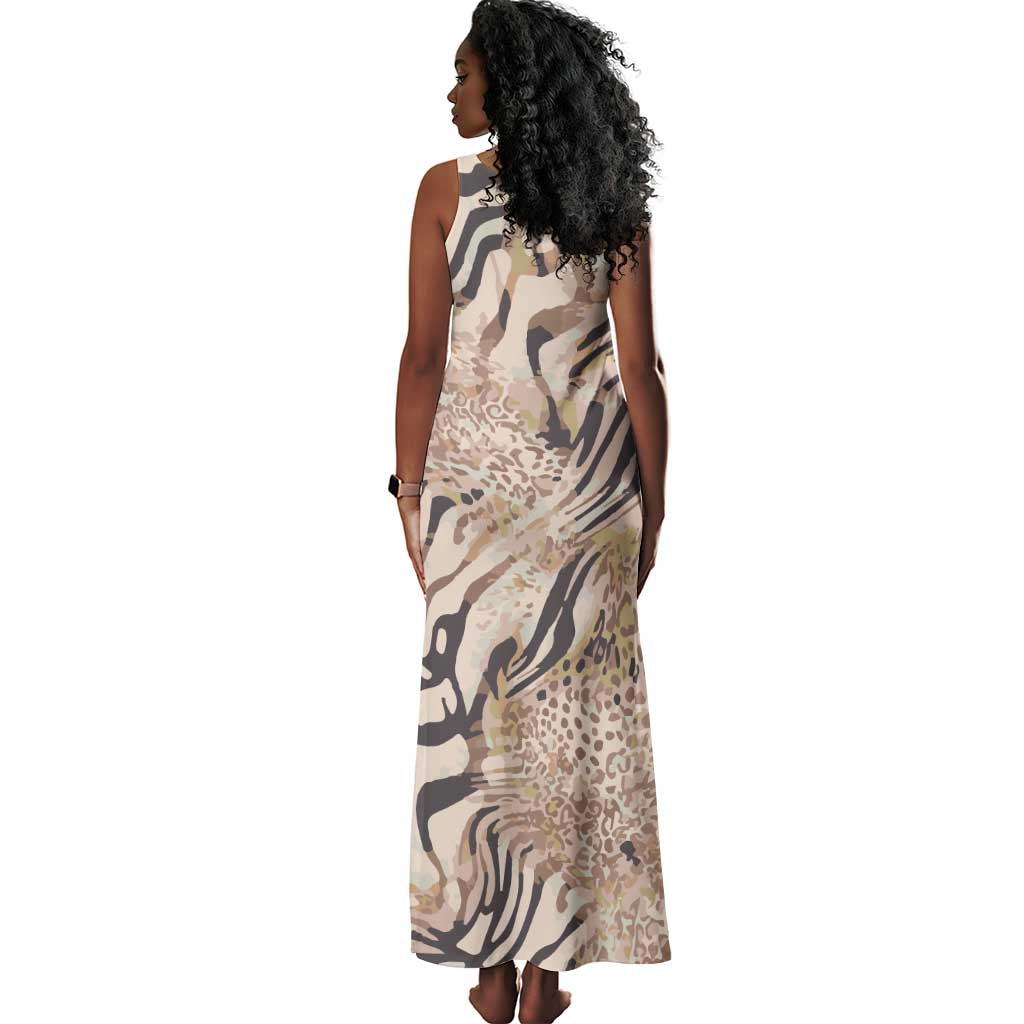 African Zebra Leopard Pattern Tank Maxi Dress Sand Taupe Beige